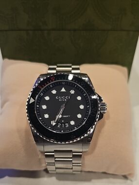 Gucci Black Dial Dive Watch with Stainless Bracelet